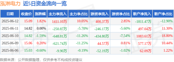 亚晶金融 股票行情快报：泓淋电力（301439）6月12日主力资金净买入1411.10万元